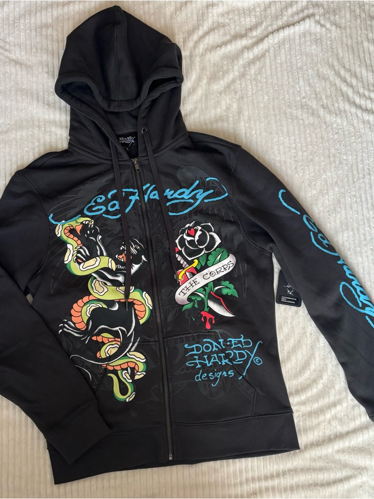 Ed Hardy Black Hoodie With Snake And Rose Tattoo Art Men’s S. New With Tags Nwt